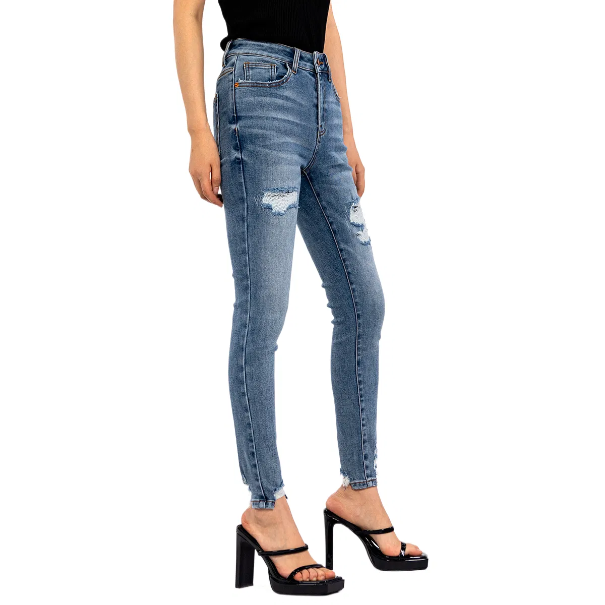 Custom Logo High Waist Tummy Control Ripped Cropped Jeans for Women