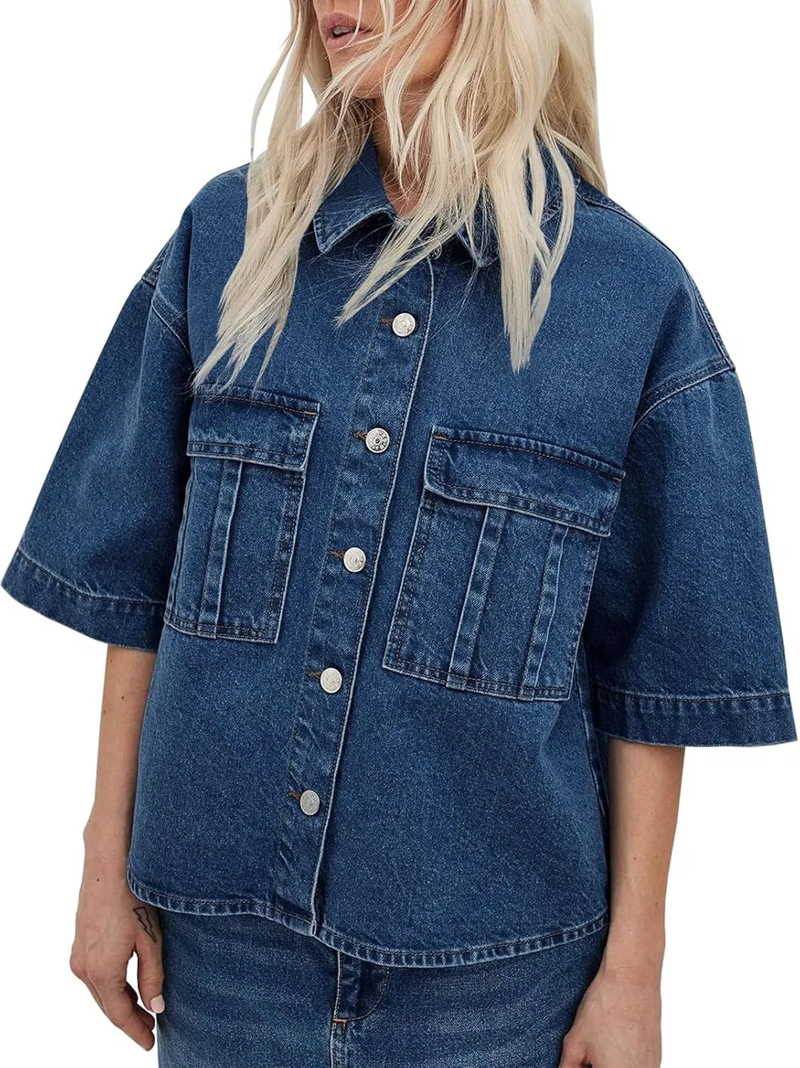 Womens Oversized Short Sleeve Denim Jackets Trendy Cropped Jean Tops Shackets