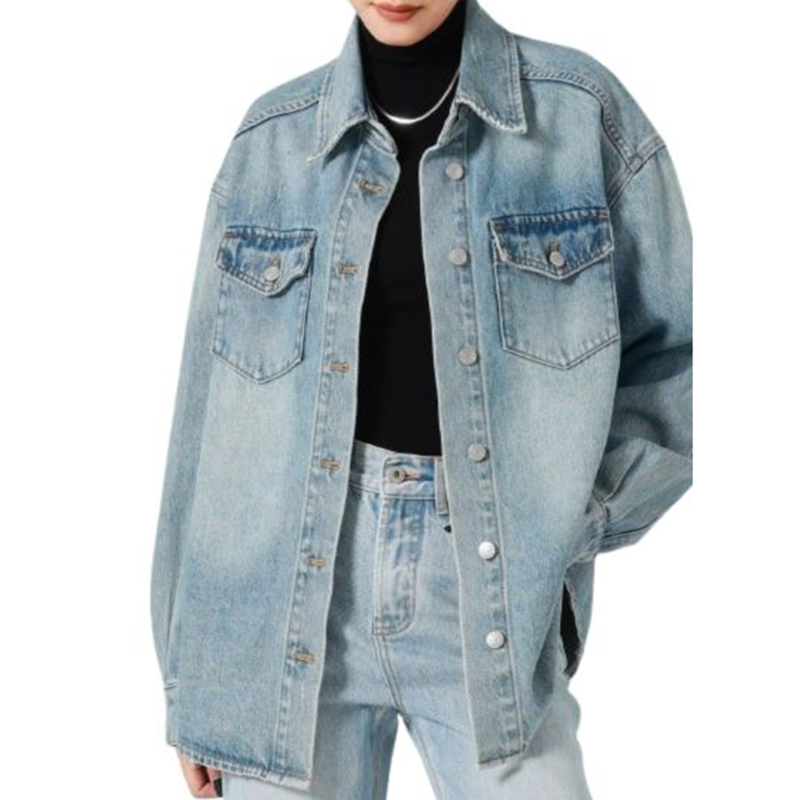 Women's Casual Denim Oversized Spring Outfits Vintage Long Sleeve Lapel Collar Jeans Shirt Jacket