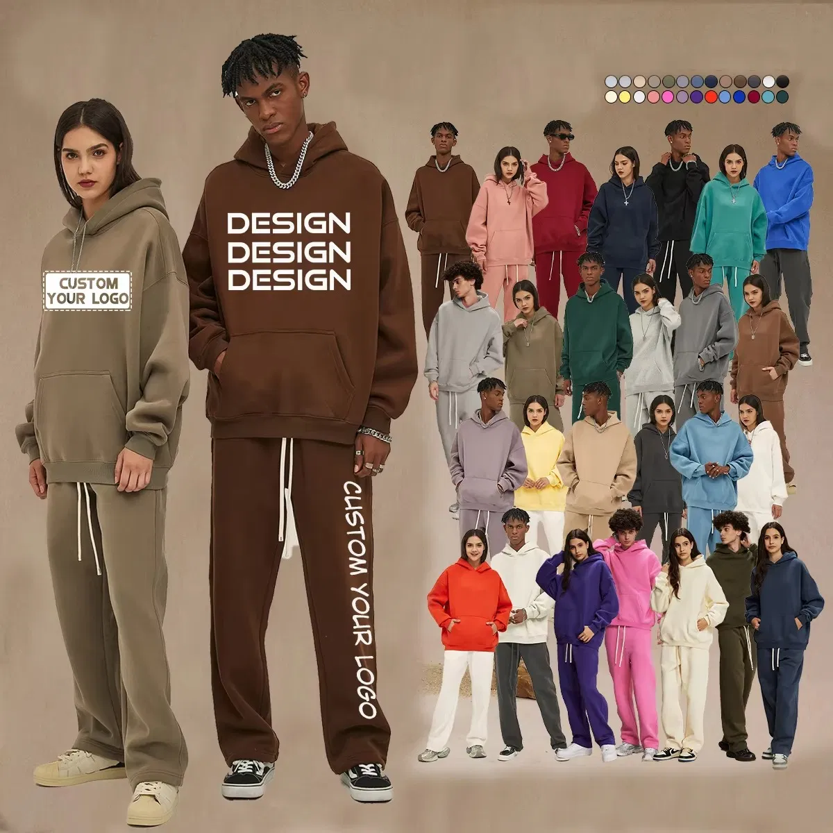 100% Cotton French Terry Pullover Hoodie Custom Blank Sweatshirt and Sweatpants Set Men's Oversized Boxy Fit Hoodies