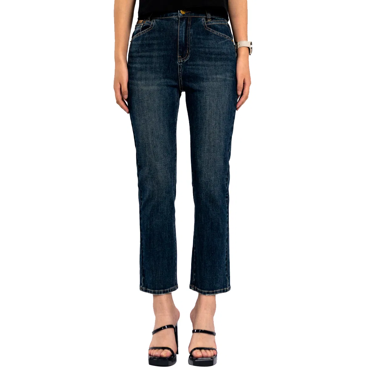 Vintage Blue MID Waist Stretch Straight Cropped Jeans for Women