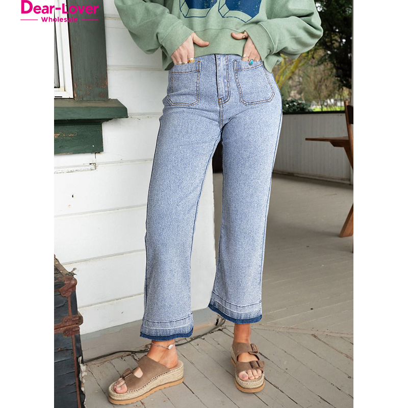 Dear-Lover New Arrivals Acid Wash Wide Leg Ladies Denim Jeans Blue Mujer Edge Pocketed Cropped Ladies Jeans