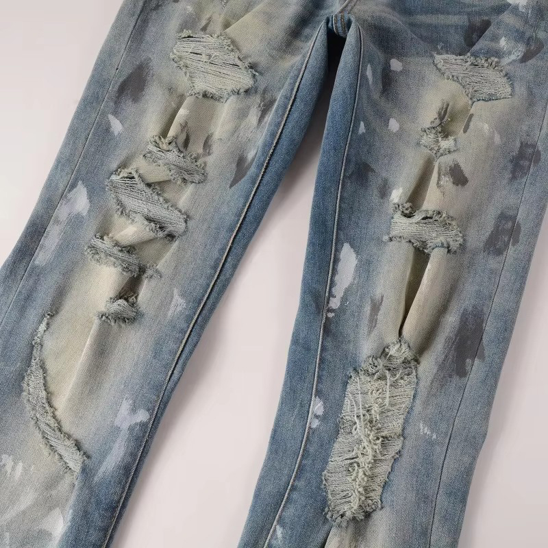 OEM Custom Wholesale Men's Hip Hop Printed Ripped Skinny Jeans