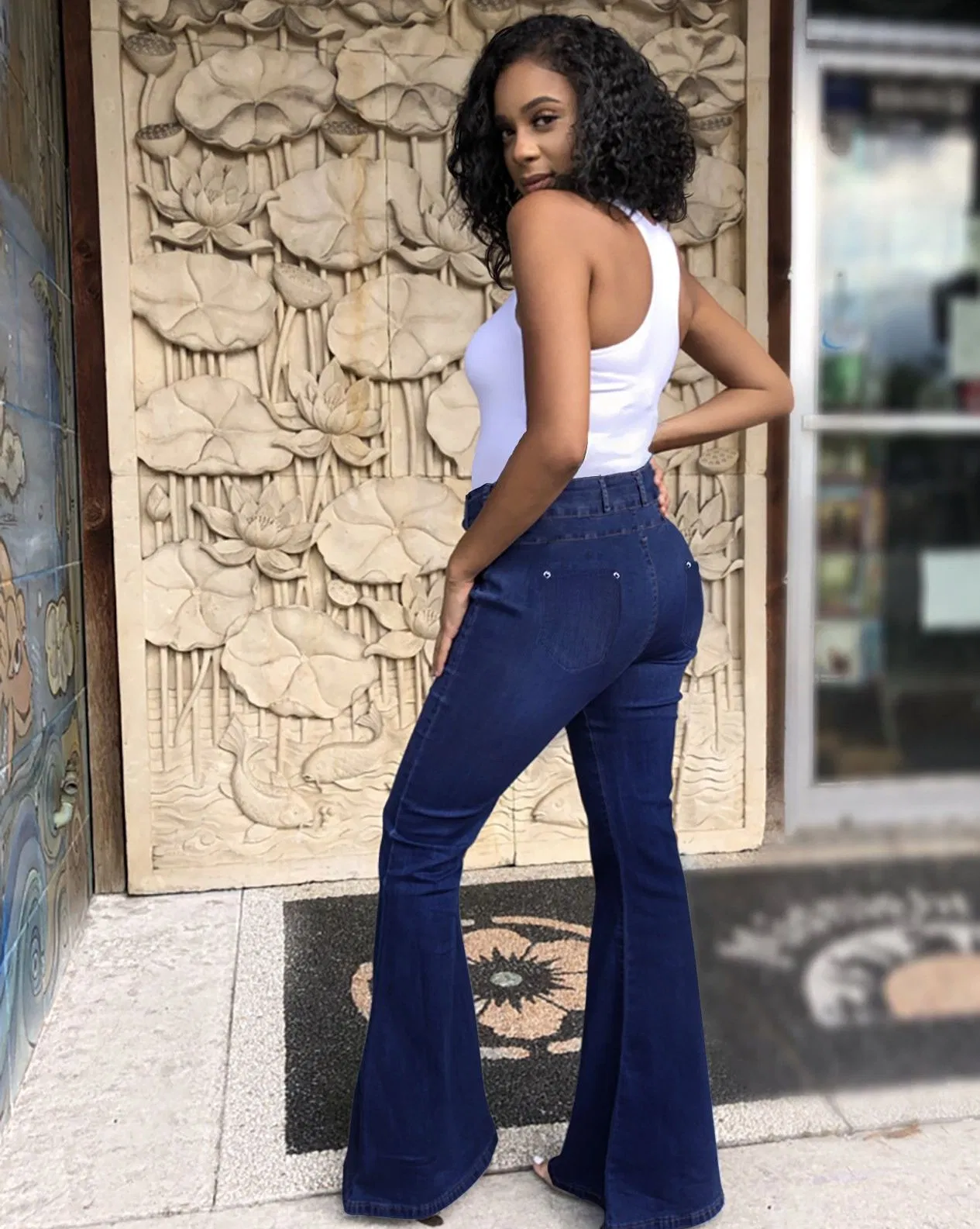 Hot Selling High Waisted Buttocks with Lace up Flared Pants Wide Leg Pants Jeans for Women