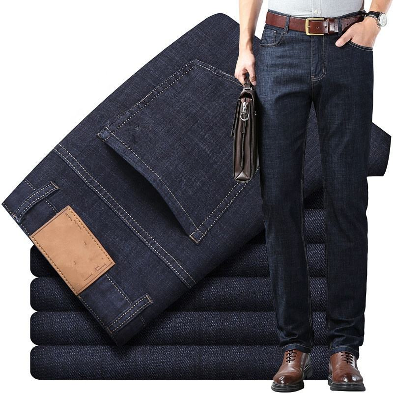 Men's Distressed Washed Elastic Ice Silk Cotton Jeans Breathable MID Waist Straight Leg for Business Casual Spring Autumn Winter