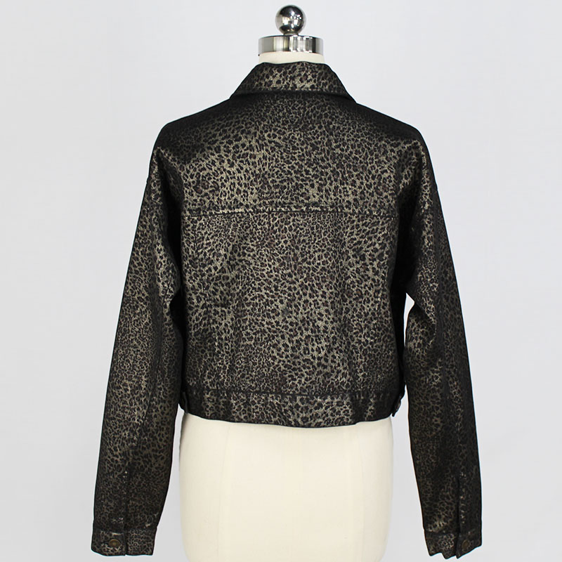 Women's Cotton Spandex Denim Shining Leopard Print Customer Design Cropped Button Jacket