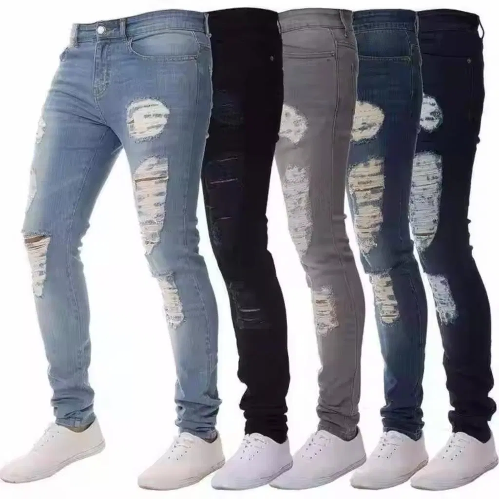Custom Distressed Enzyme Washed Stonewashed Streetwear Hip Hop Male Ripped Slim Fit Denim Men Skinny Jeans