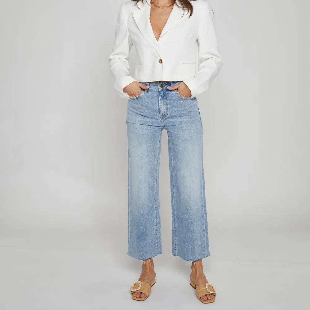 Custom Women Pocketed Cropped Raw Hem High Waist Stretch Denim Jeans