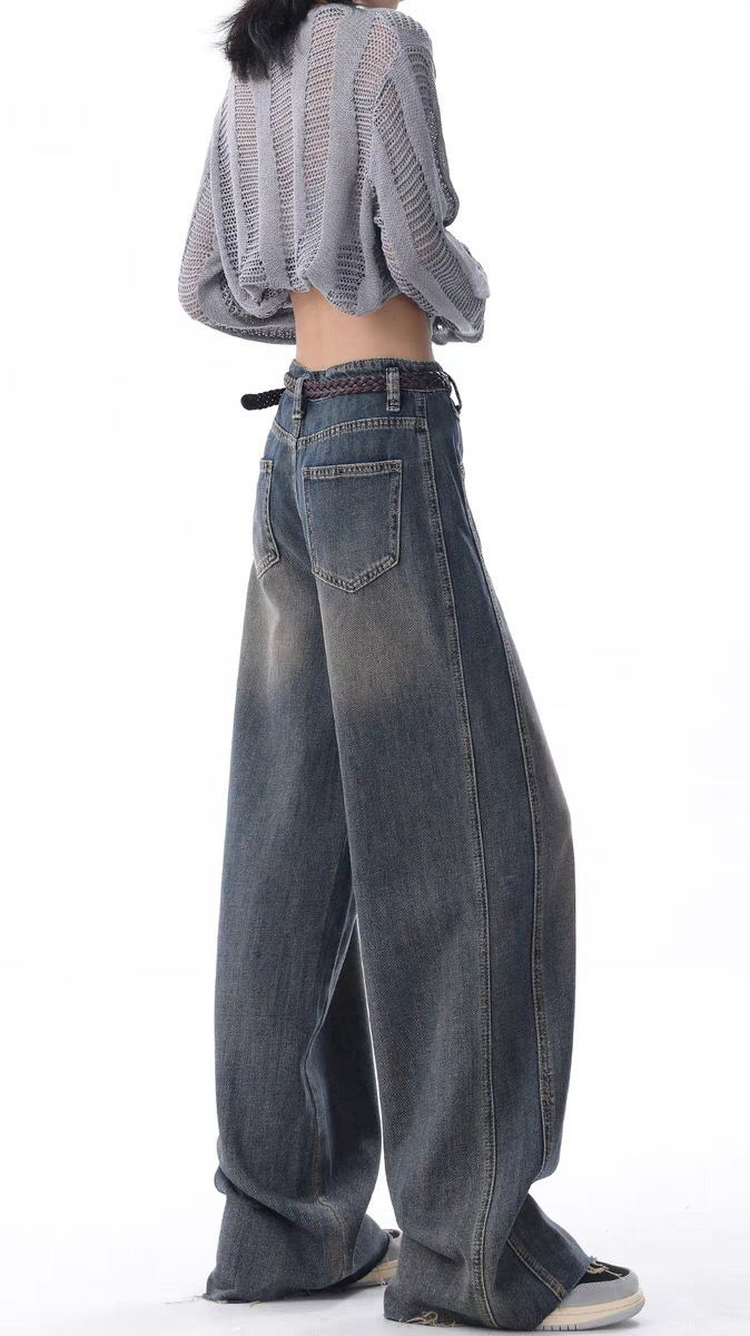 American Style High Street Retro Distressed Wide Leg Slimming High Waist Fashionable Women's Jeans