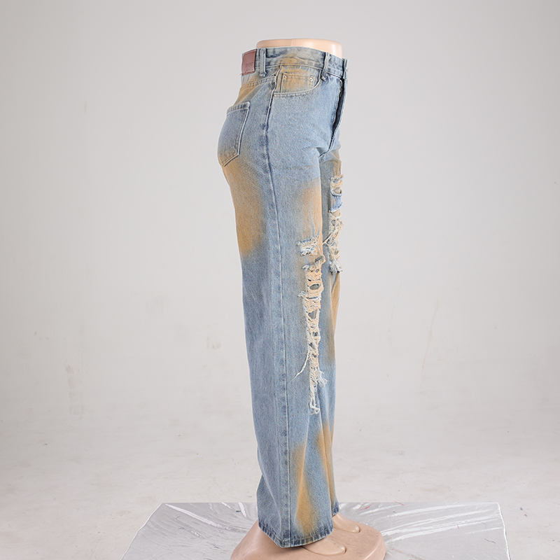 Women Casual High Waist Elegant Ripped Straight Leg Jeans Fashion Non-Stretch Denim Distressed Wide Leg Pants