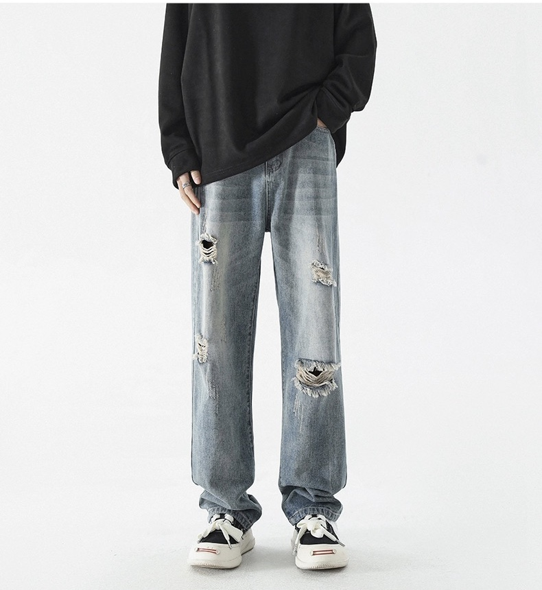 Men's Multi Distressed Design Denim Jeans Loose Straight Wash Blue Men Jeans