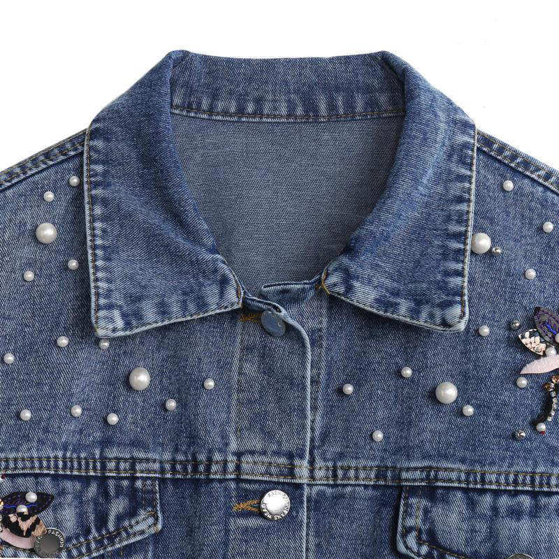 High-Quality Wholesale Autumn Pearl-Dragonfly-Decorated Lapel-Collar Single-Breasted Cropped Chic Women's Denim Jacket