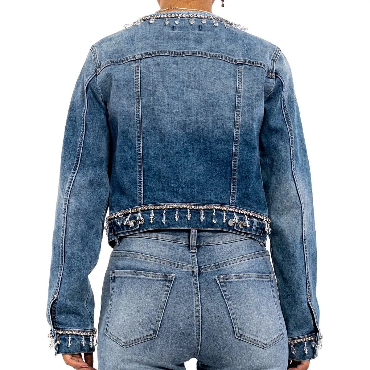Fashion Design Women Vintage Hand Sewn Drill Long Sleeve Cropped Denim Jacket