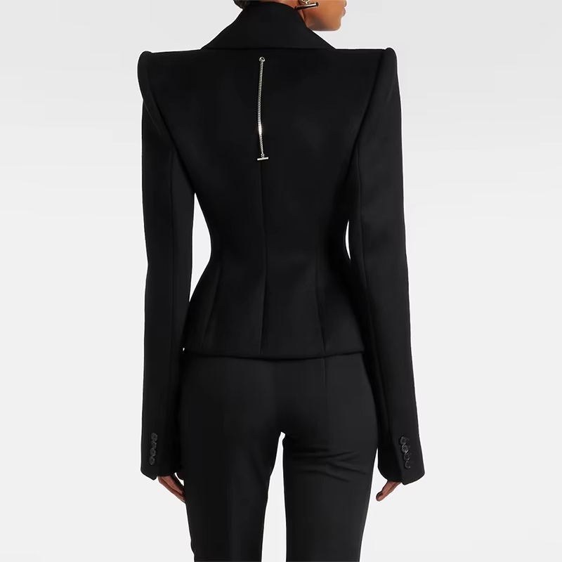 Women V-Neck Office Woven Jacket Winter Elegant Black Cropped Double-Breasted Blazers Business Suits for Formal Ladies Women