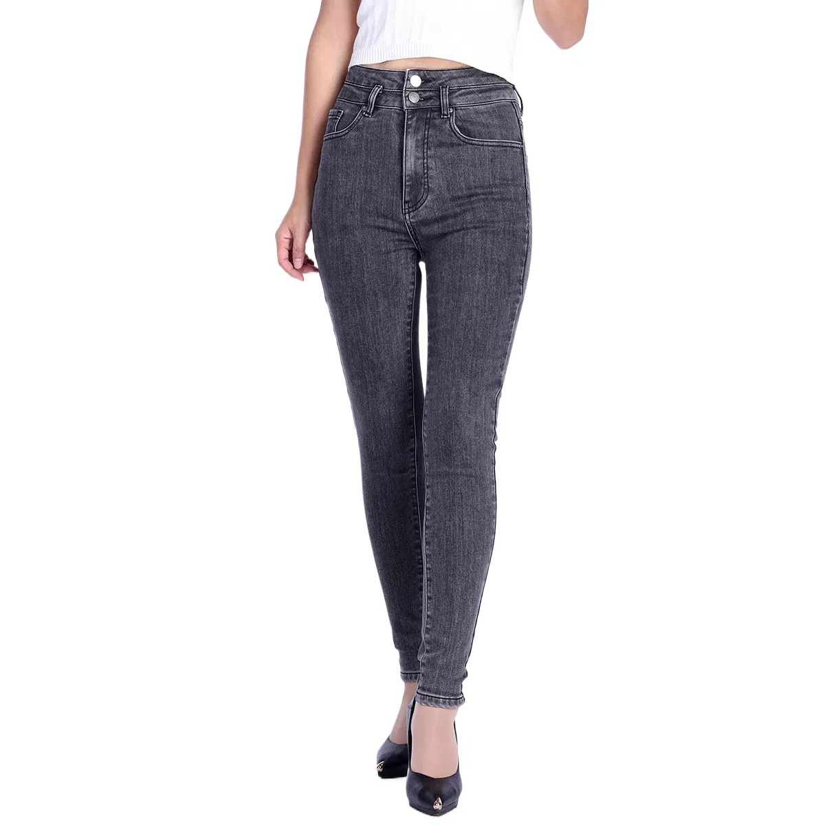Custom Double Button Closure Grey Faded Skinny Fit Jeans for Women