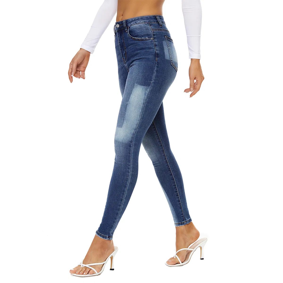 in Stock New Design Jeans Women Color Blocking High Waist Stretch Curve High Light Skinny Jeans