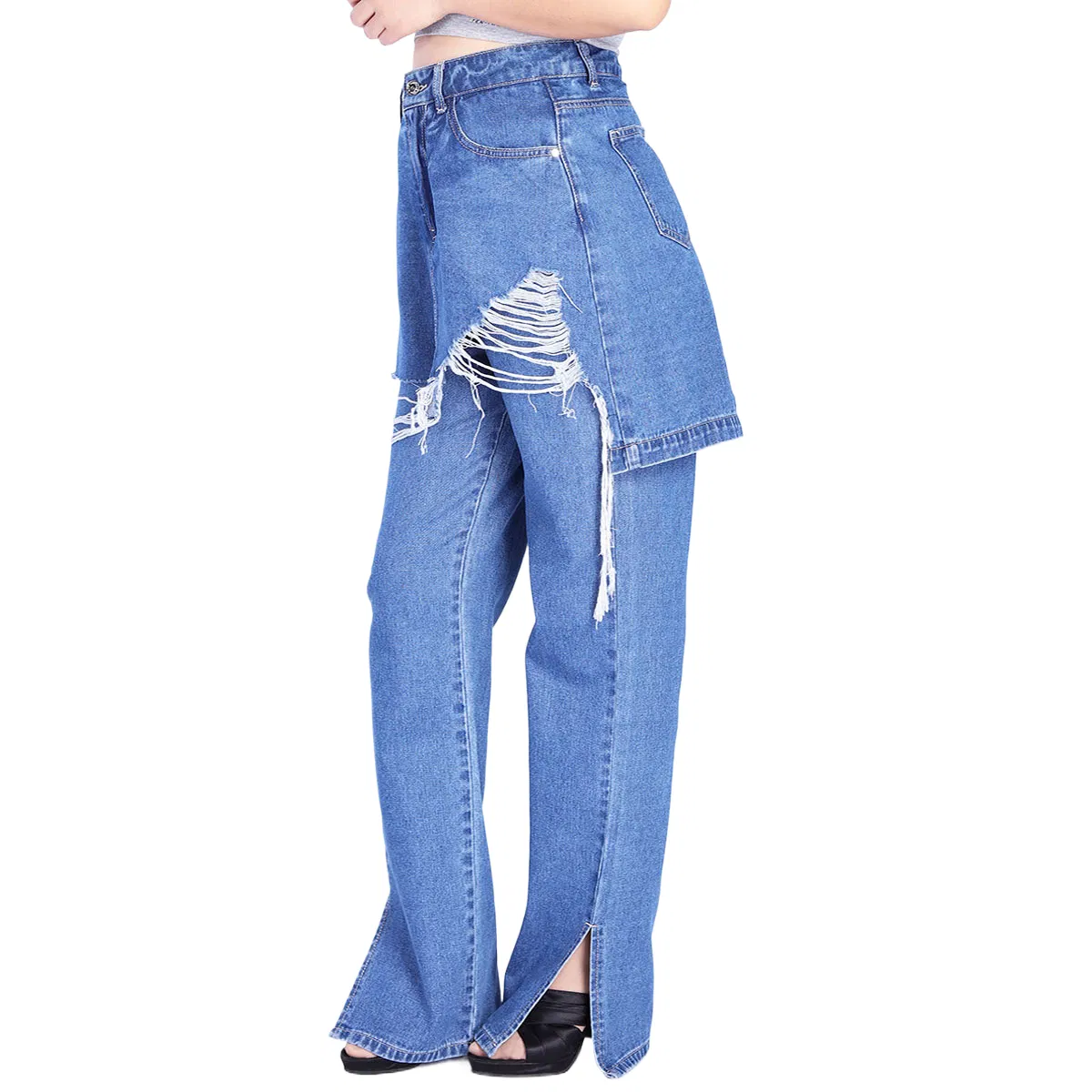 Custom Women Double Layer Patchwork Raw Hem Ripped Split Wide Leg Jeans