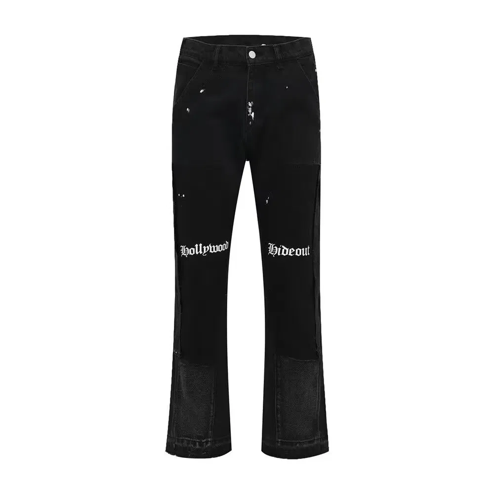 Men's Jeans Camouflage Hole Design High Waist Casual American Light Solid Zipper Fly Softener Wide Leg Trouser