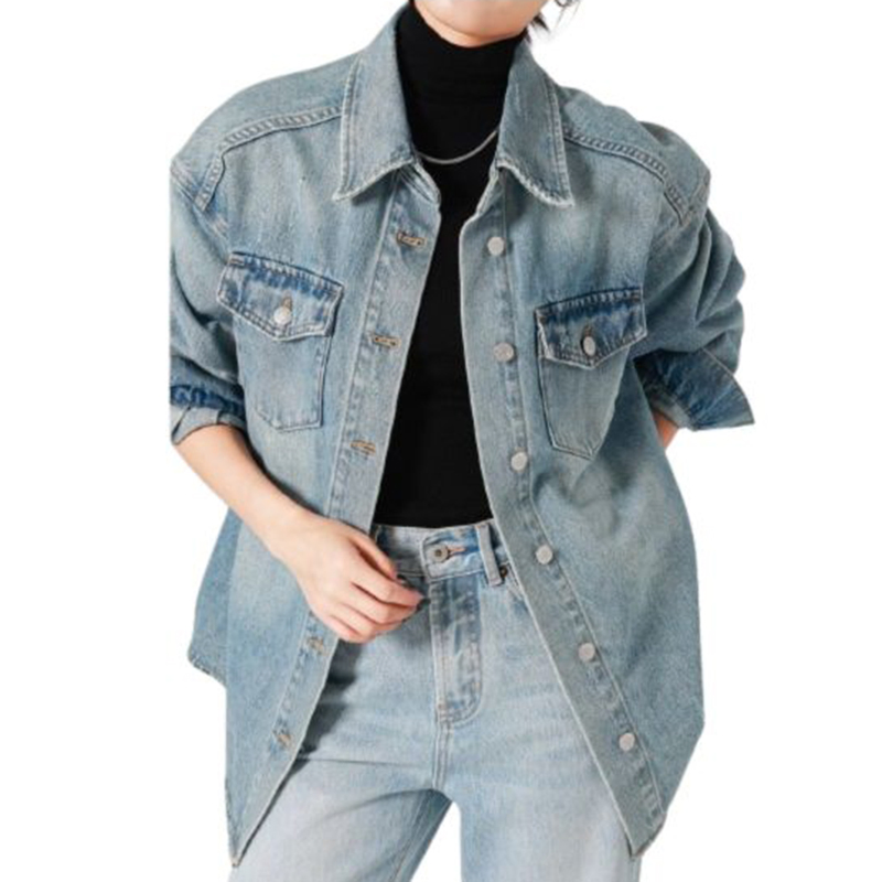 Spring Fashion Edge Grinding Button Cotton Oversized Denim Jeans Jacket for Women