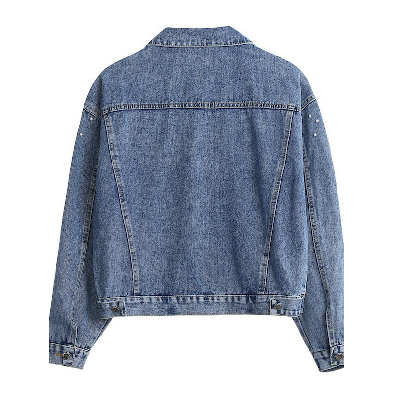 High-Quality Wholesale Cycling Pearl-Dragonfly-Decorated Lapel-Collar Single-Breasted Cropped Chic Women's Denim Jacket