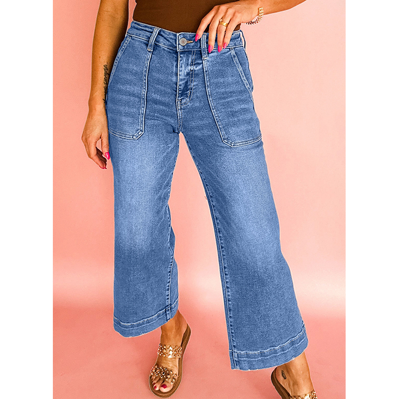 Dear-Lover Wholesale Western Boutique Fashion Trendy Pantalones Mujer Blue Cropped High Rise Denim Pants Wide Leg Women Jeans