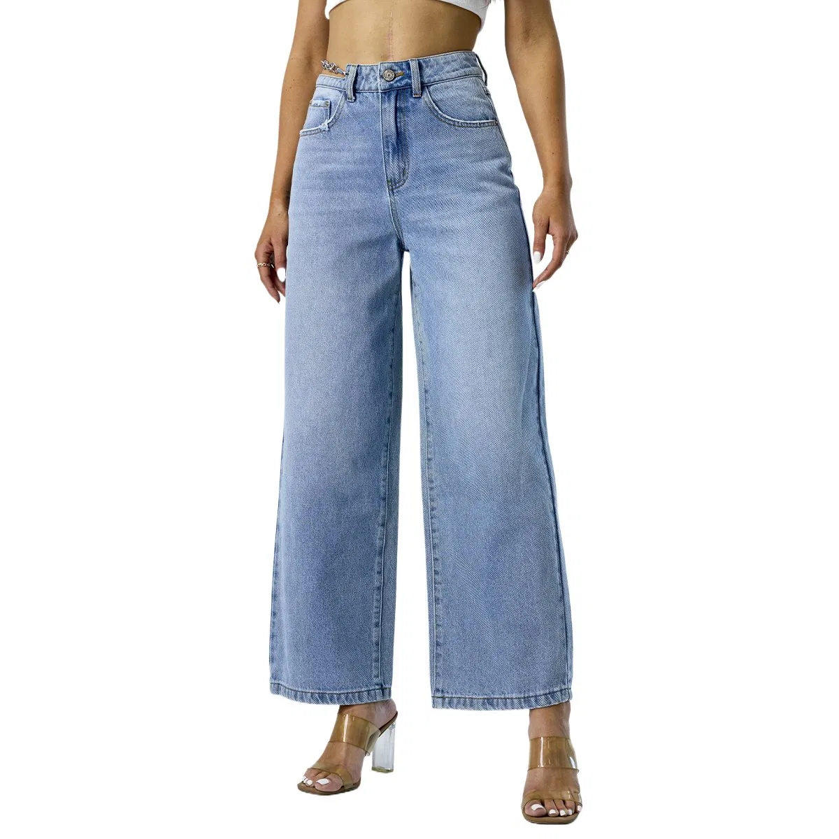 Fashion Wide Leg Pants Cut off Waist Straight Denim High Quality Jeans for Women