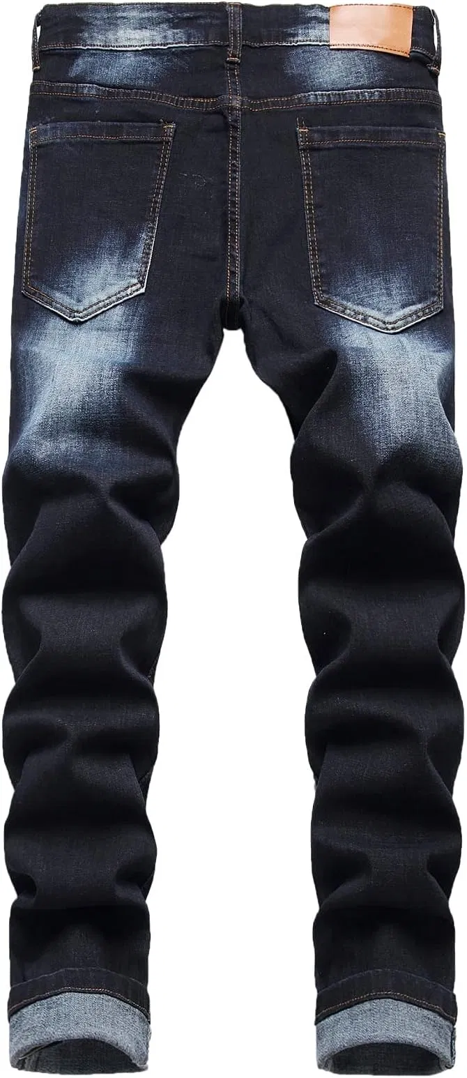 Mens Slim Fit Stretch Jeans Ripped Skinny Jeans for Men Distressed Straight Leg Fashion Comfort Flex Waist Pants