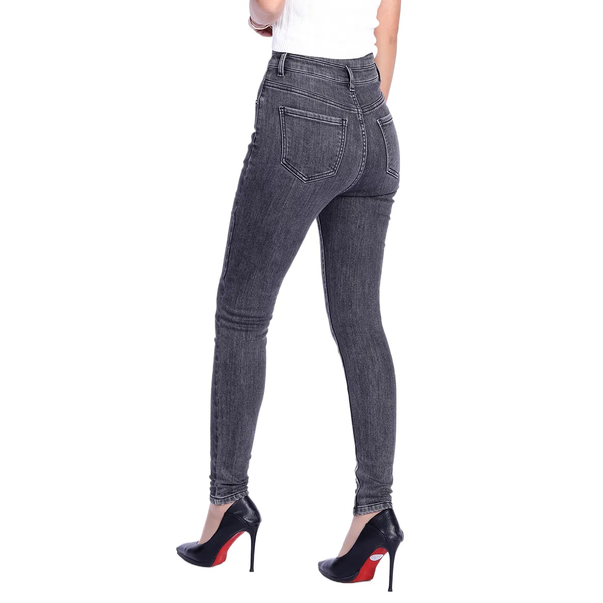 Custom Double Button Closure Grey Faded Skinny Fit Jeans for Women