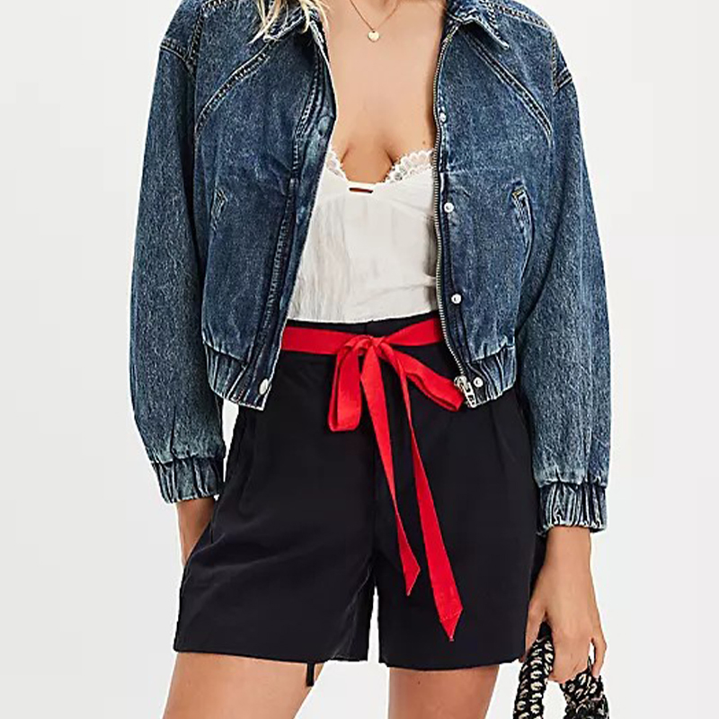 Women's Cropped Washed Denim Jacket - Loose Fit with Button &amp; Ribbed Hem