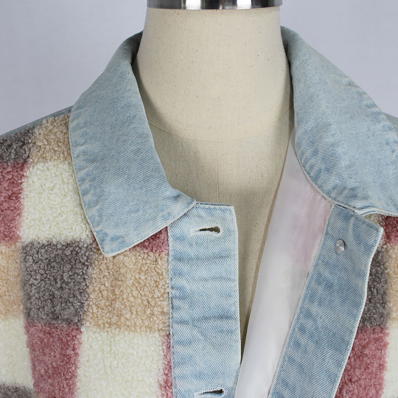 Women's Winter Casual Plaid Sherpa and Light Blue Wash Denim Patchwork Jacket