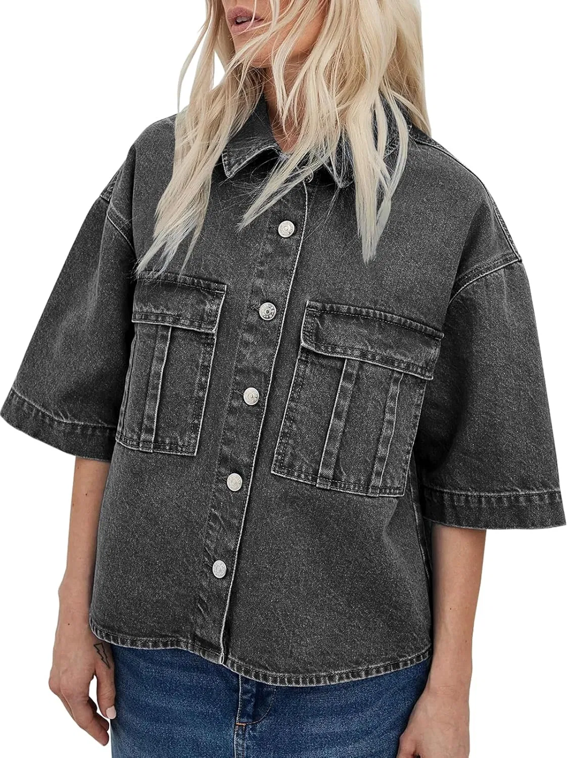 Womens Oversized Short Sleeve Denim Jackets Trendy Cropped Jean Tops Shackets