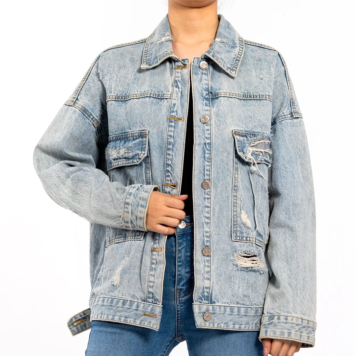 Custom Light Blue Oversized Ripped Vintage Denim Jean Jacket Women