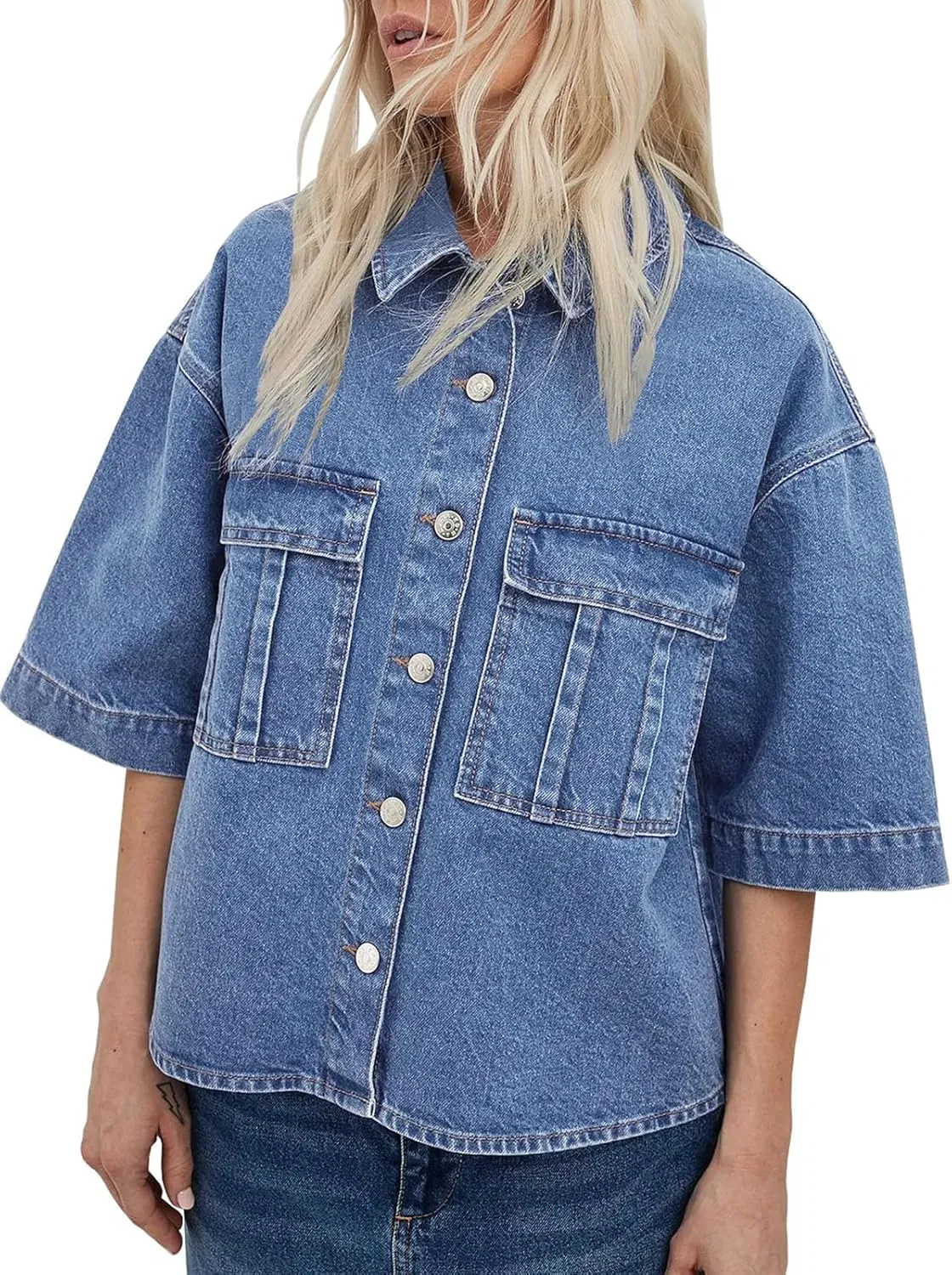 Womens Oversized Short Sleeve Denim Jackets Trendy Cropped Jean Tops Shackets