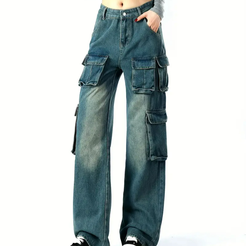 Versatile Women's High-Waisted Wide Leg Dark Washed Multi-Pockets Cargo Jeans