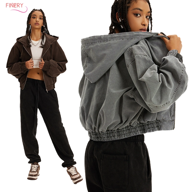 460GSM 100%Cotton Vintage Tops De Mujer Gray Washed Women's Oversize Hoodie OEM Premium Zip up Cropped Plain Hooded Sweatshirt
