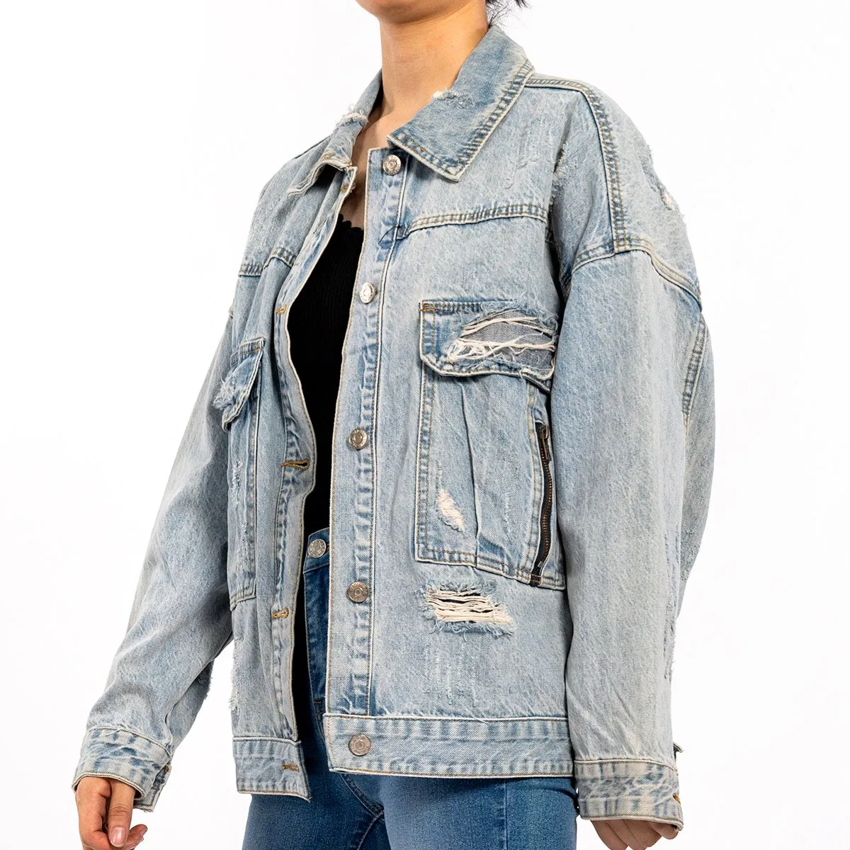 Custom Light Blue Oversized Ripped Vintage Denim Jean Jacket Women