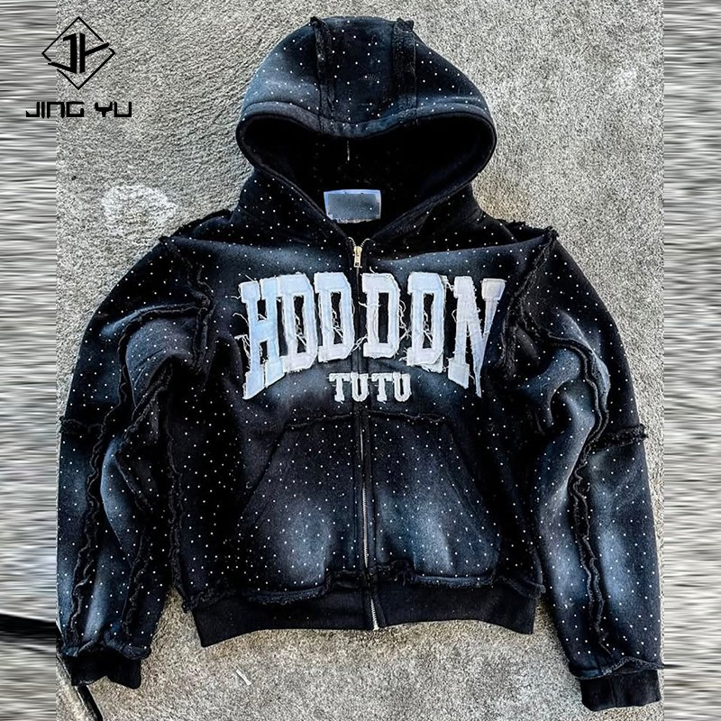 Custom Streetwear Zipper French Terry Thick Acid Wash Rhinestone Sun Faded Applique Embroidered Patch Mens Zip up Hoodies