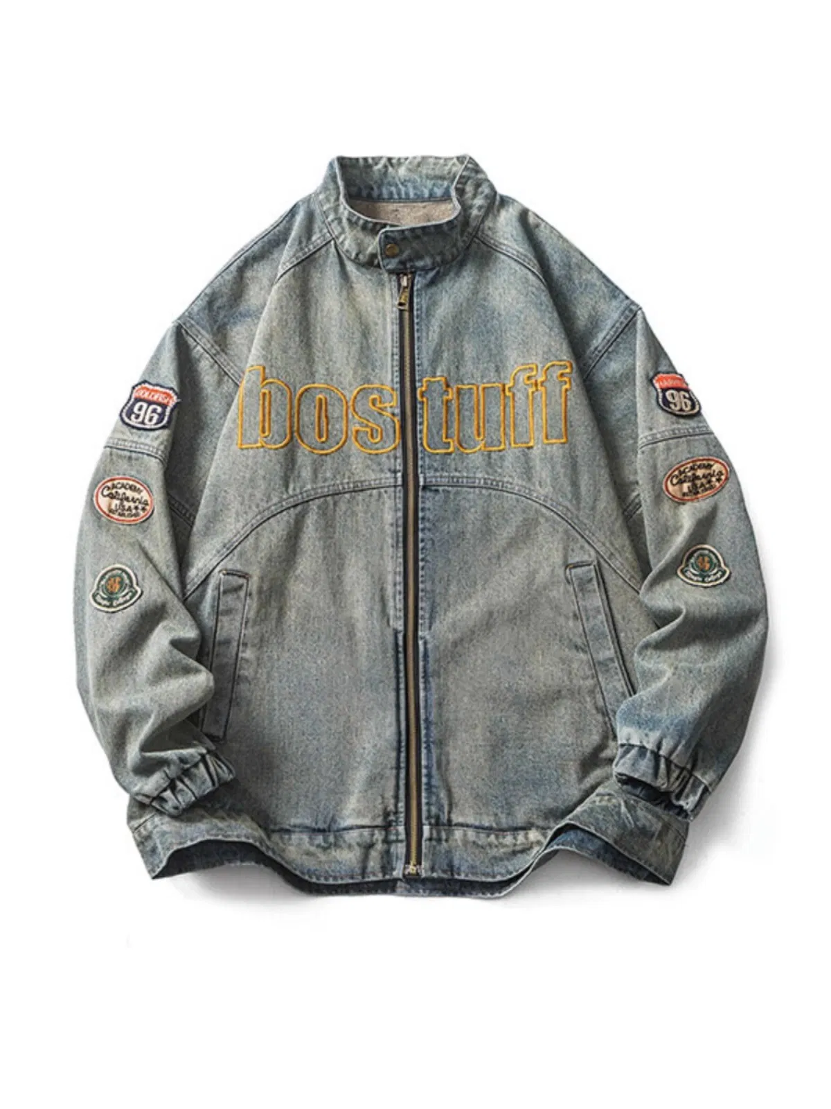 Low MOQ Men Fashion Vintage Oversized Denim Bomber Jacket Embroidered Patchwork Casual Retro Jean Jacket