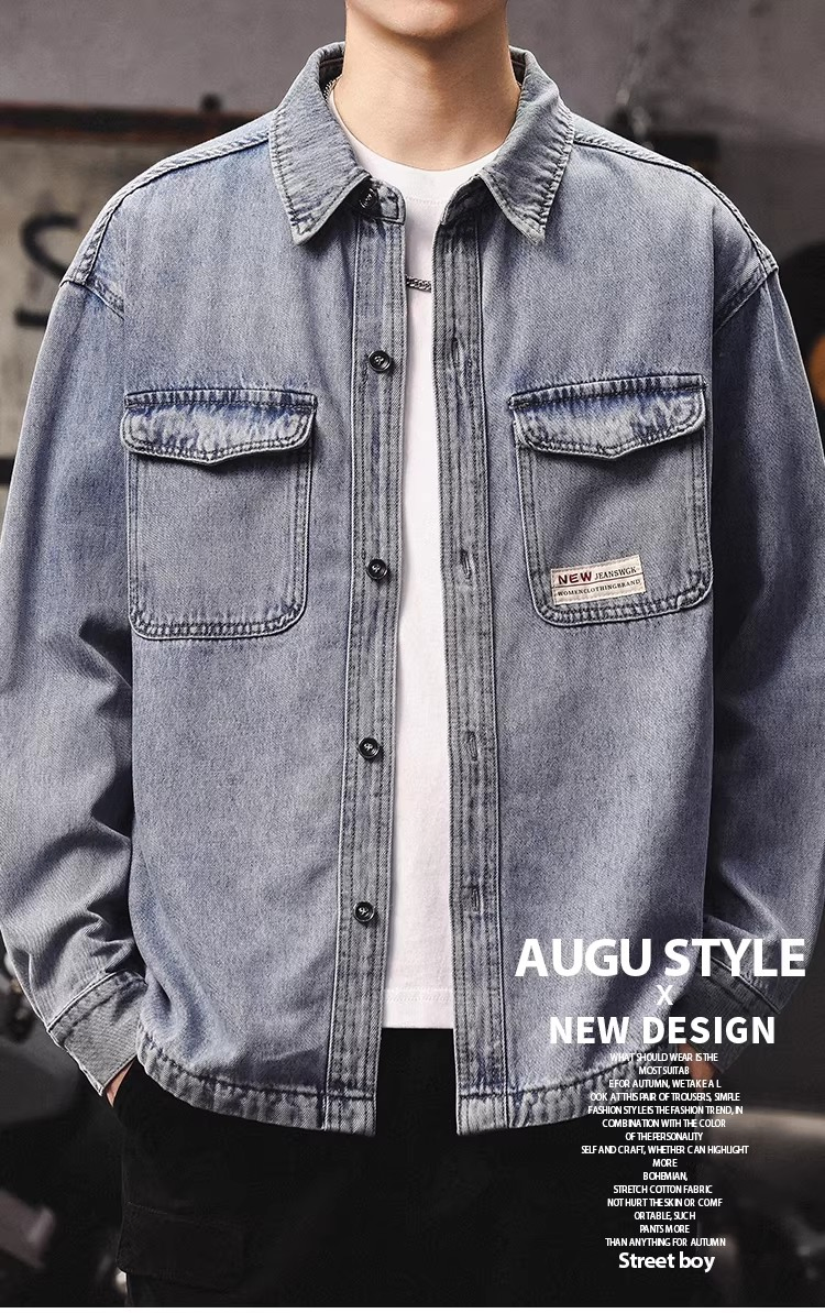 Wholesale Men's Vintage Washed Denim Utility Jacket, Oversized Streetwear Trucker Jacket for Men