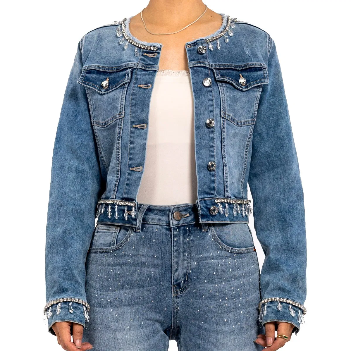 Fashion Design Women Vintage Hand Sewn Drill Long Sleeve Cropped Denim Jacket