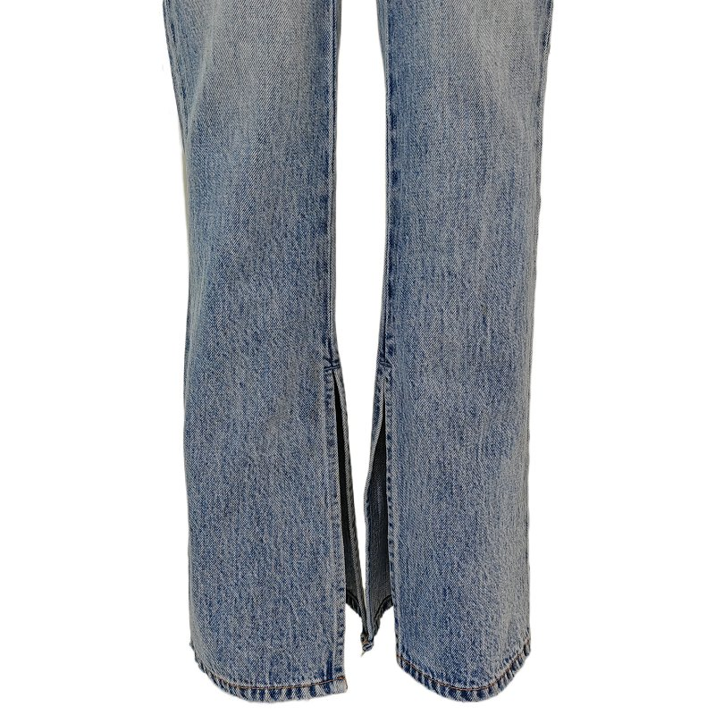 Custom Light Blue Wash Denim Flared Trousers High Waisted Scratched Women Wide Leg Jeans Ladies Long Pants