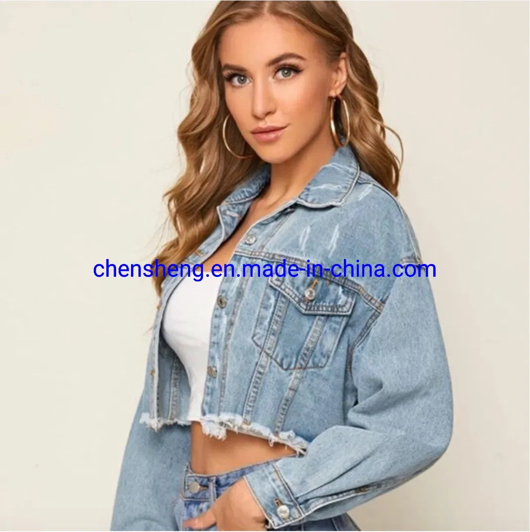 Wholesale Women's Lady Fashion Classic Frayed Cropped Washed Denim Jean Jacket Coat with Pocket
