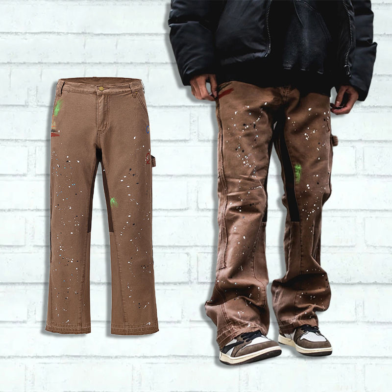 Factory Customized Hip-Hop Graffiti Cargo Denim Pants Khaki Black Trousers High Quality Splash Paint Wide Leg Jeans Men Flared Designer Denim Jeans