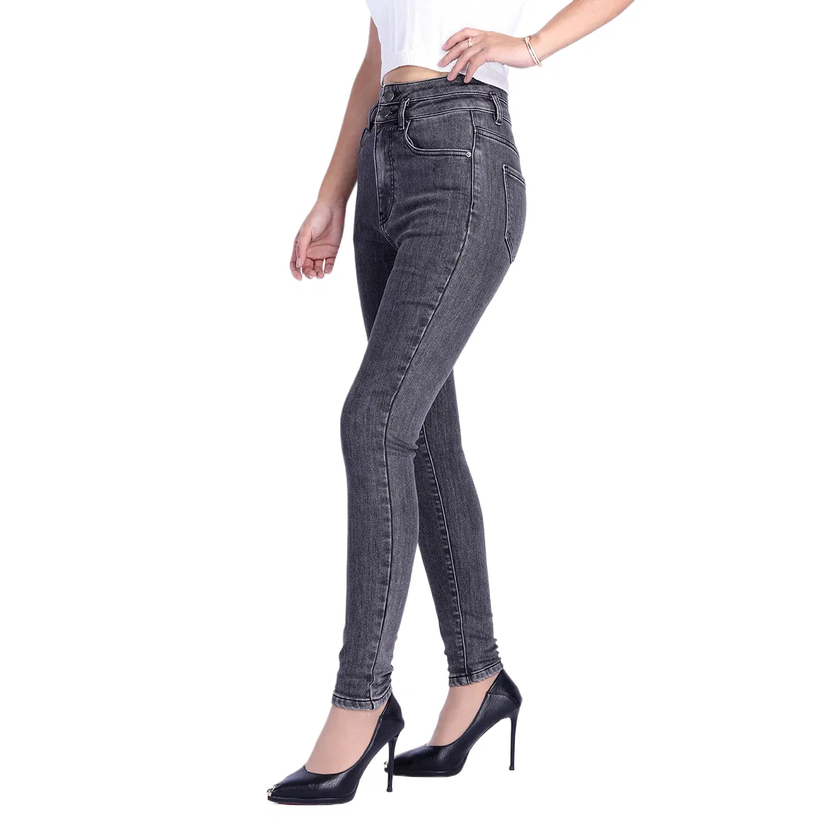 Custom Double Button Closure Grey Faded Skinny Fit Jeans for Women