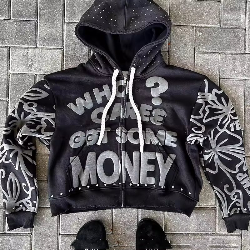 Custom Logo Men's Rhinestone Acid Wash Vintage Puff Printing Pullover Oversized Heavyweight Zip up 100% Cotton Fleece Terry Hoodies for Men