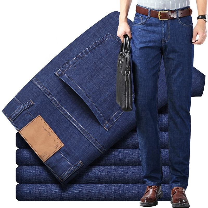 Men's Distressed Washed Elastic Ice Silk Cotton Jeans Breathable MID Waist Straight Leg for Business Casual Spring Autumn Winter