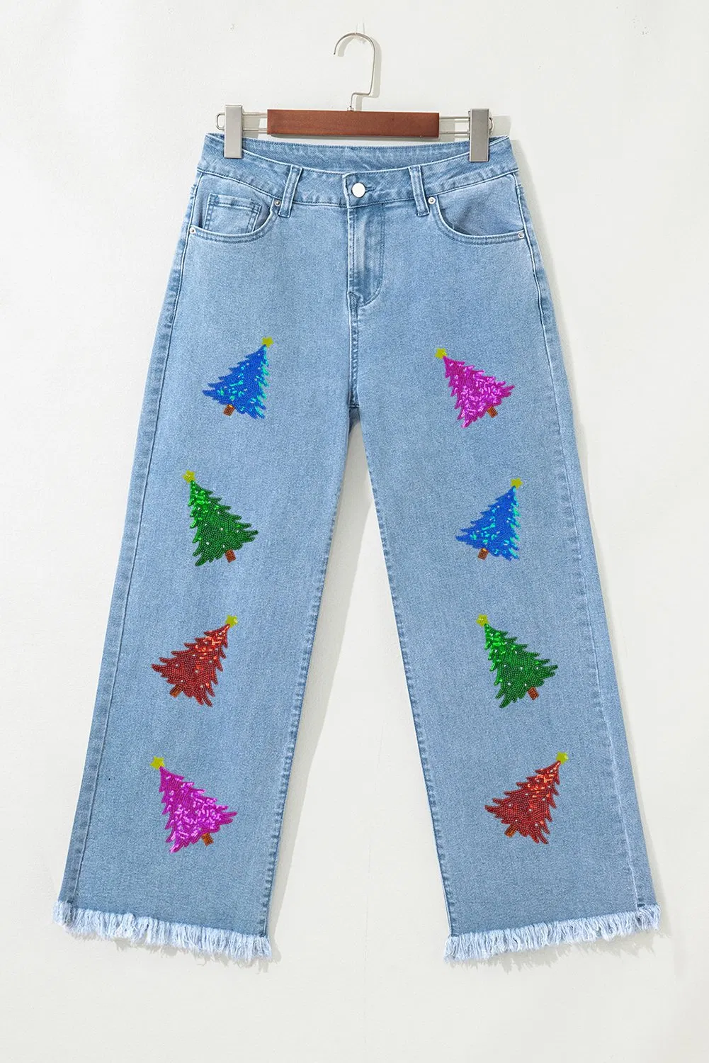 Dear-Lover Wholesale Pantalones Mujer Western Boutique Colorful Sequin Christmas Tree Patched Raw Hem Cropped Wide Leg Denim Jeans