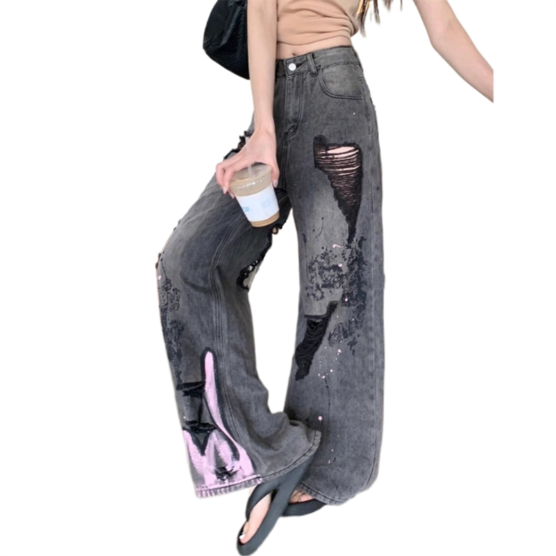 Retro Distressed Graffiti Ripped Ladies' Denim Pants American Style Hot Girl Loose Slim Fitting Straight Leg Trousers Wide Leg Long Pants Women's Jeans