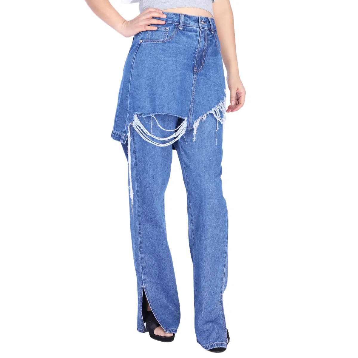Custom Women Double Layer Patchwork Raw Hem Ripped Split Wide Leg Jeans