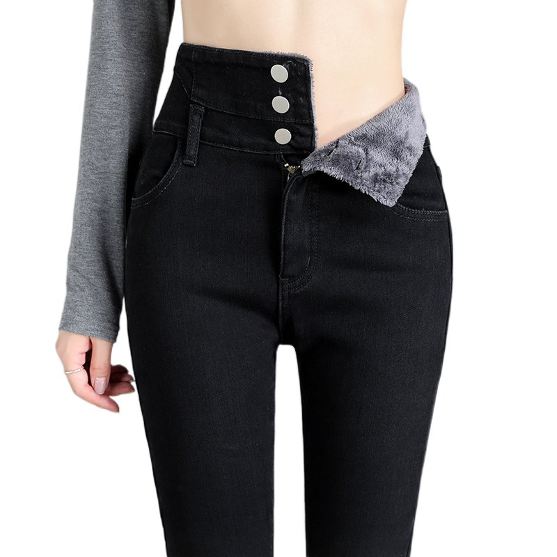 Ladies Casual Denim Thick Velvet Fleece Lined Skinny Jeans Women